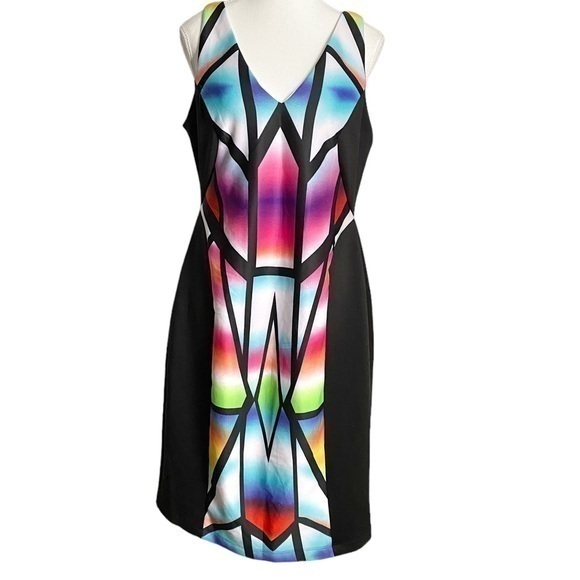 Bisou Bisou Dresses & Skirts - Bisou Bisou Black with Colorful Geometric BodyCon Midi Sleveless Dress